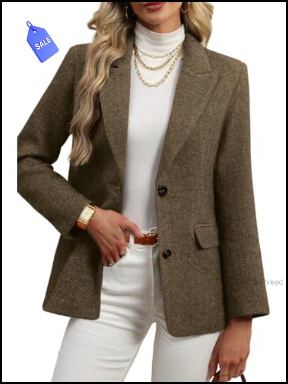 Wool Blend Tweed Herringbone Blazer Notch Lapel Business Casual
